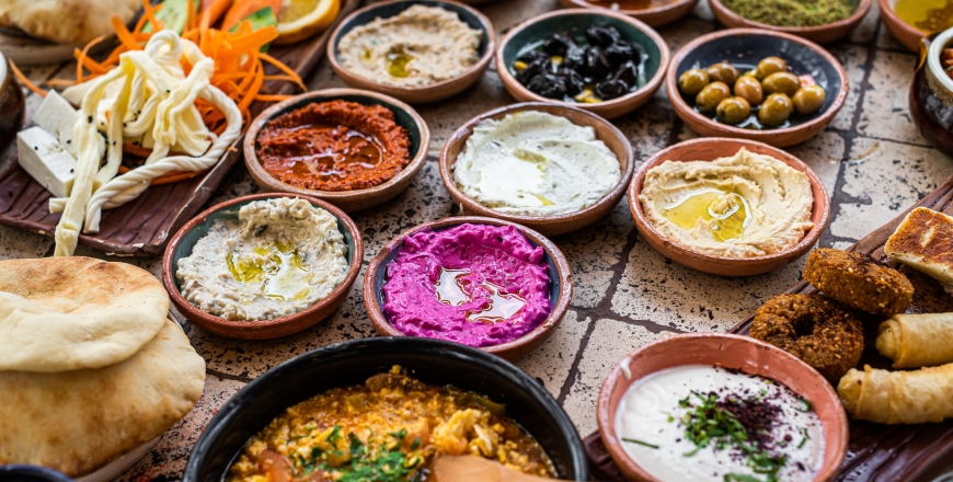 Turkish Village breakfast table served in a restaurant. Top view